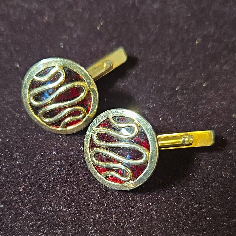 Vintage SWANK Cufflinks Gold Tone Red Enamel Ribbon Swirl Mid Century Modern MCM